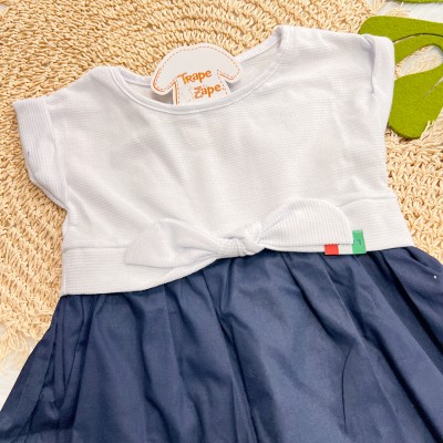 Vestido Lamon Manga Curta - Branco e Marinho